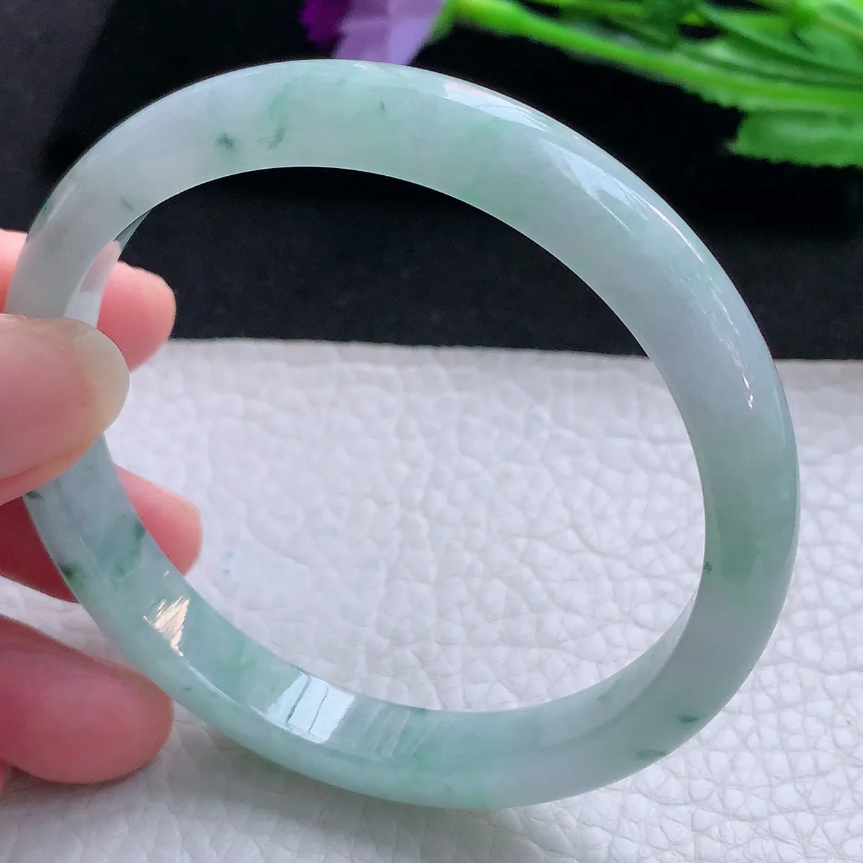 ee大圈口60*9.6*7平安镯 缅甸翡翠A货玉手镯冰飘花秀气宽边玉手环