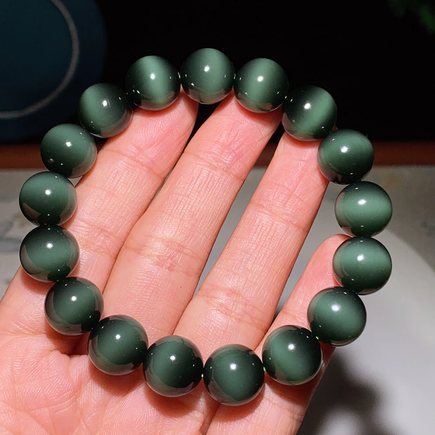 臻品收藏级新疆和田玉黑猫眼猫眼碧玉手串 一线天黑猫手串 单颗尺寸12！无裂无杂玉质细腻油润 底色纯