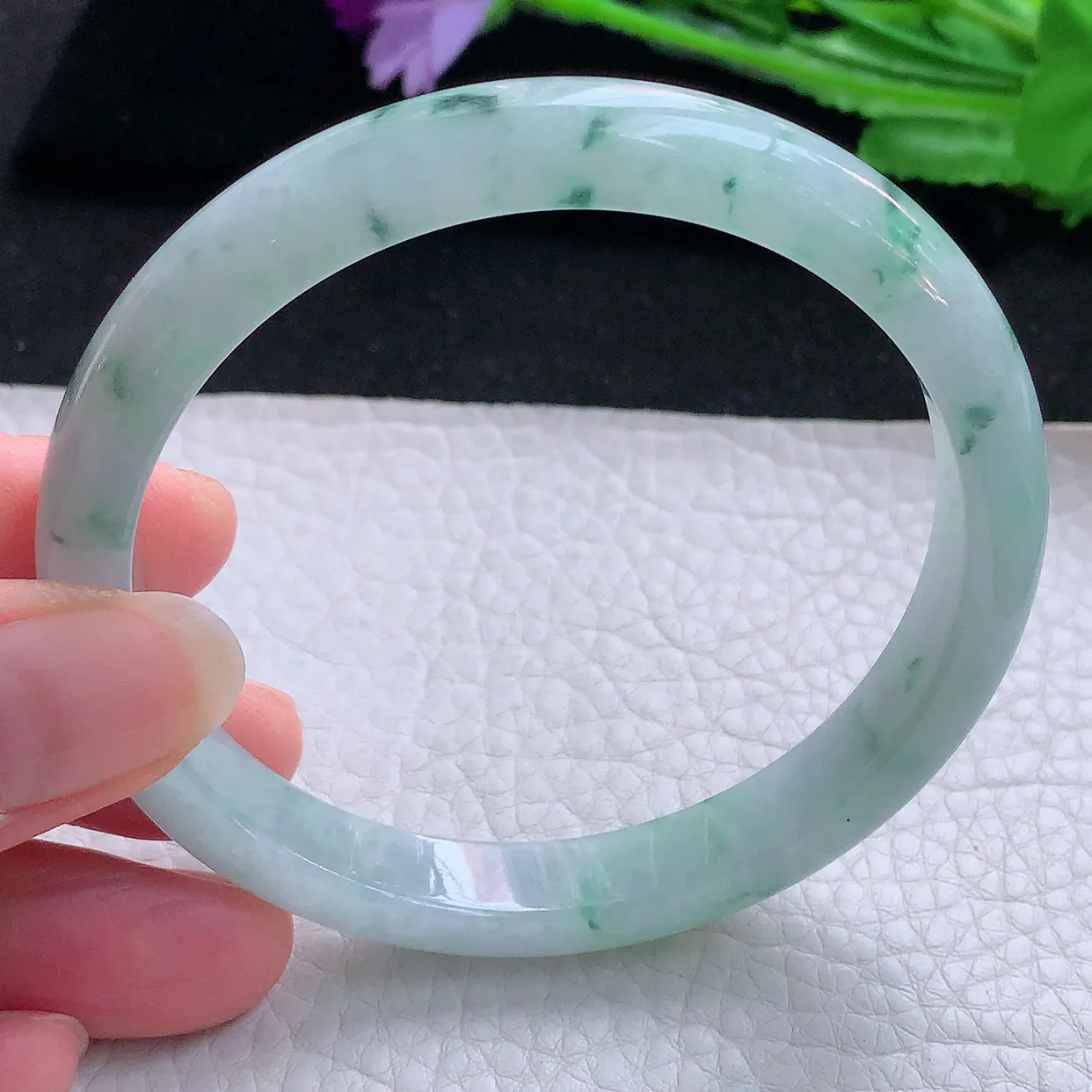 ee大圈口60*9.6*7平安镯 缅甸翡翠A货玉手镯冰飘花秀气宽边玉手环