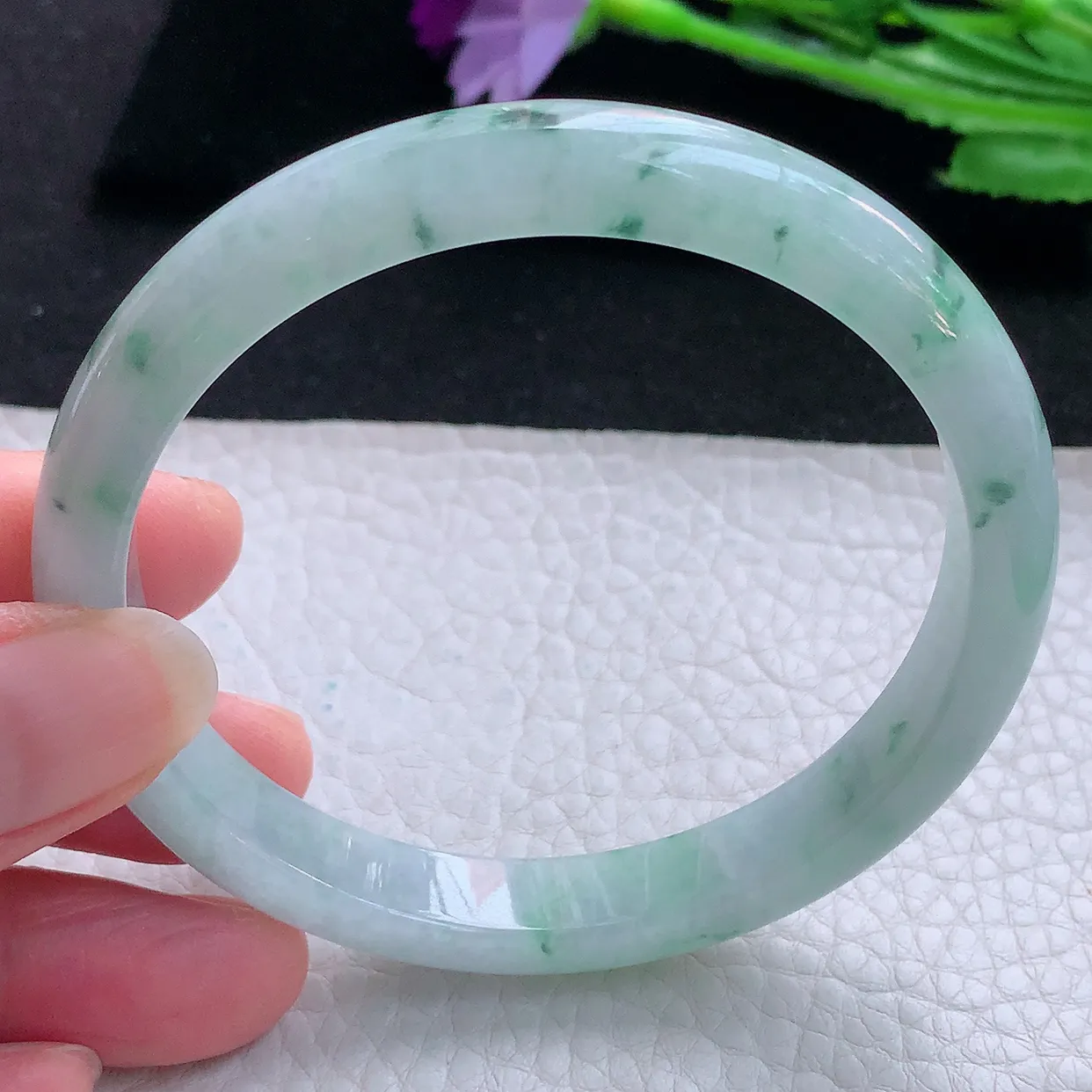 ee大圈口60*9.6*7平安镯 缅甸翡翠A货玉手镯冰飘花秀气宽边玉手环