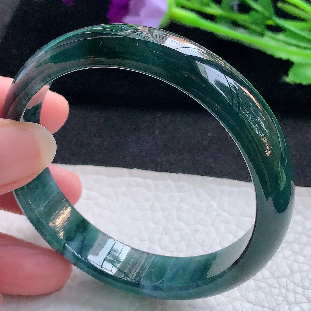 ll自然光57*13*6.5平安镯 翡翠A货玉手镯湖水蓝水灵宽边玉手环