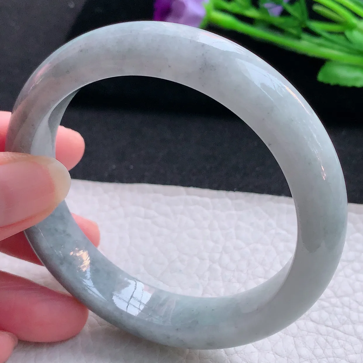 ll自然光59.5*12.6*9平安镯 缅甸翡翠A货玉手镯水润乌鸡花宽边玉手环