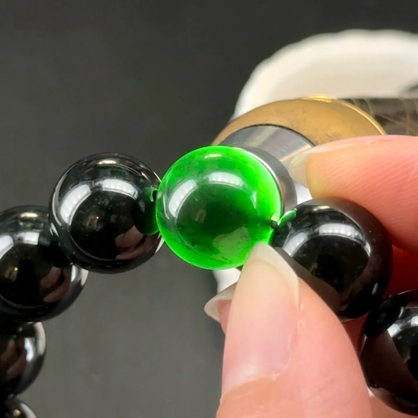 精品墨翠珠子手串 种好色正 黑度极好 打灯通透 油性十足 尺寸13