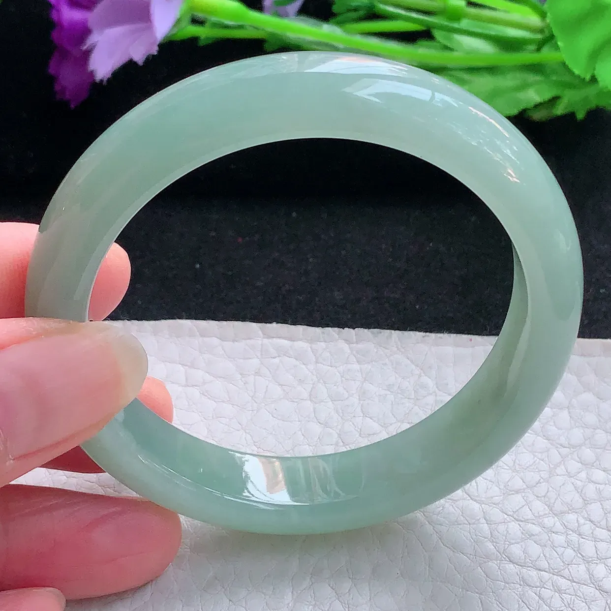 js自然光54*12*7.8平安镯 缅甸翡翠A货玉手镯晴绿水润宽边玉手环