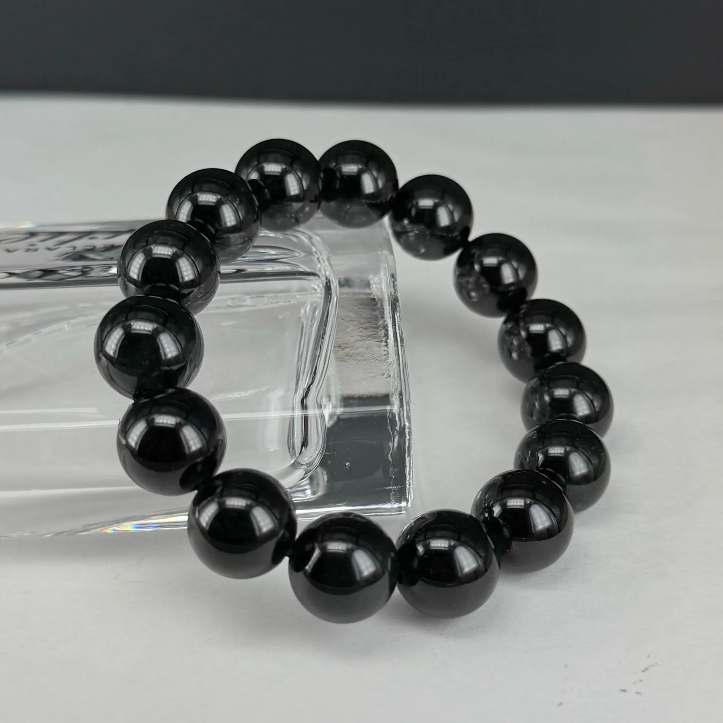 精品墨翠珠子手串 种好色正 黑度极好 打灯通透 油性十足 尺寸13