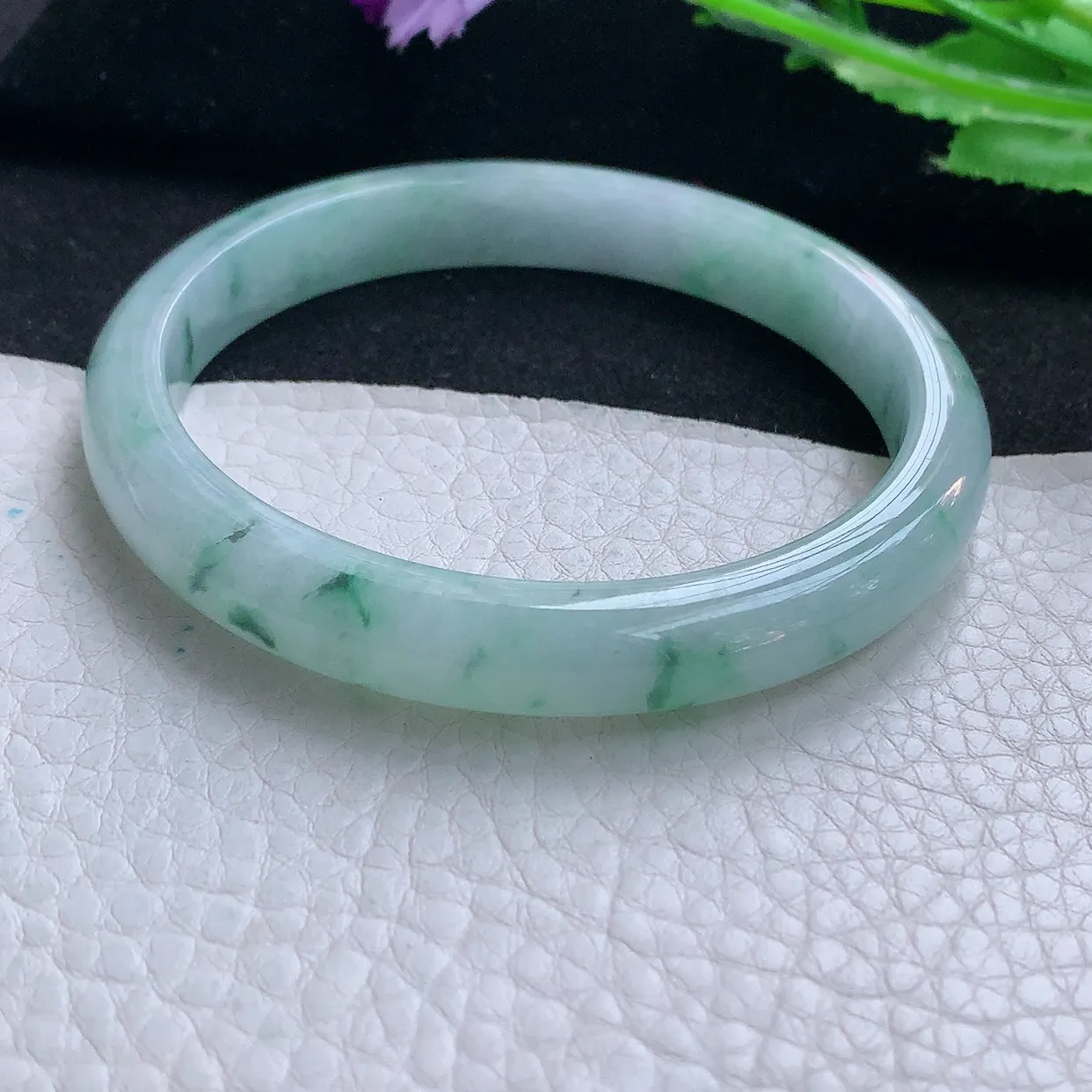 ee大圈口60*9.6*7平安镯 缅甸翡翠A货玉手镯冰飘花秀气宽边玉手环