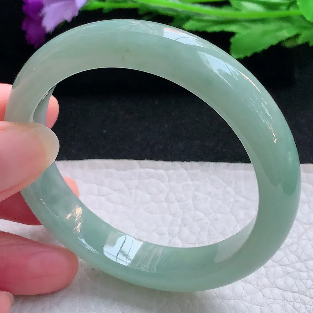 js自然光54*12*7.8平安镯 缅甸翡翠A货玉手镯晴绿水润宽边玉手环