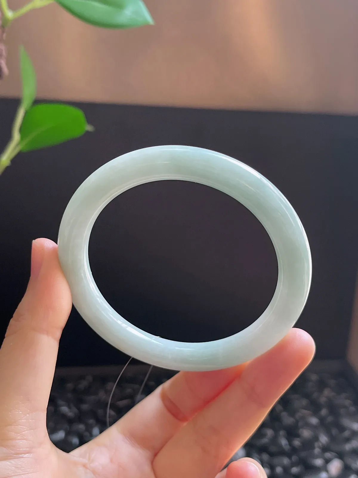 圆镯54圈口，翡翠糯化种飘绿手镯