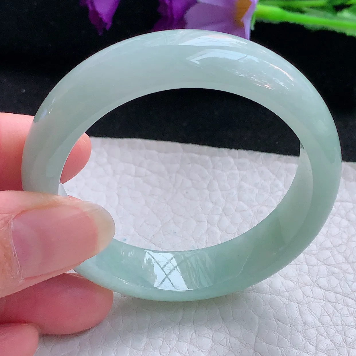 nr小圈口54*48.5*12.8*7贵妃镯 缅甸翡翠A货玉手镯浅绿水润宽边玉手环