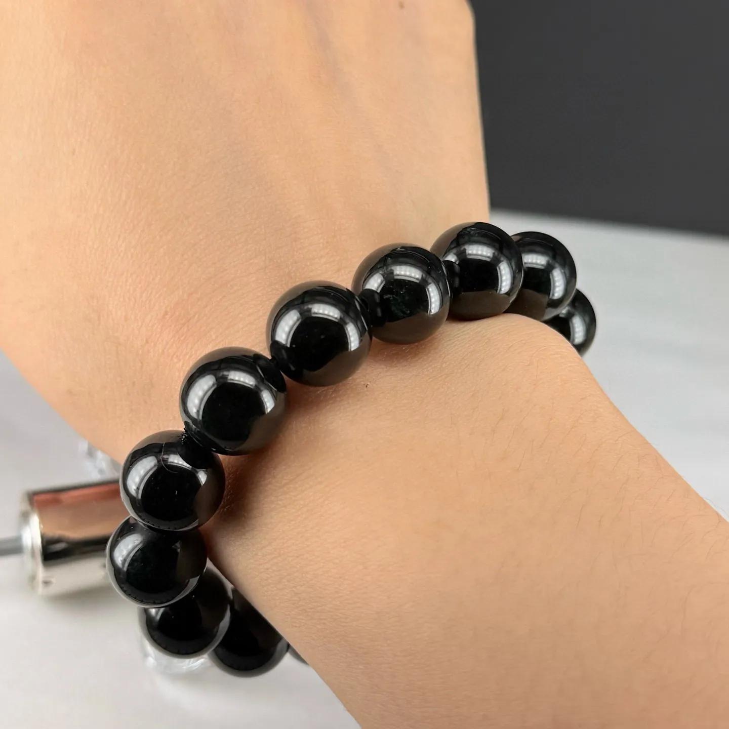 精品墨翠珠子手串 种好色正 黑度极好 打灯通透 油性十足 尺寸13