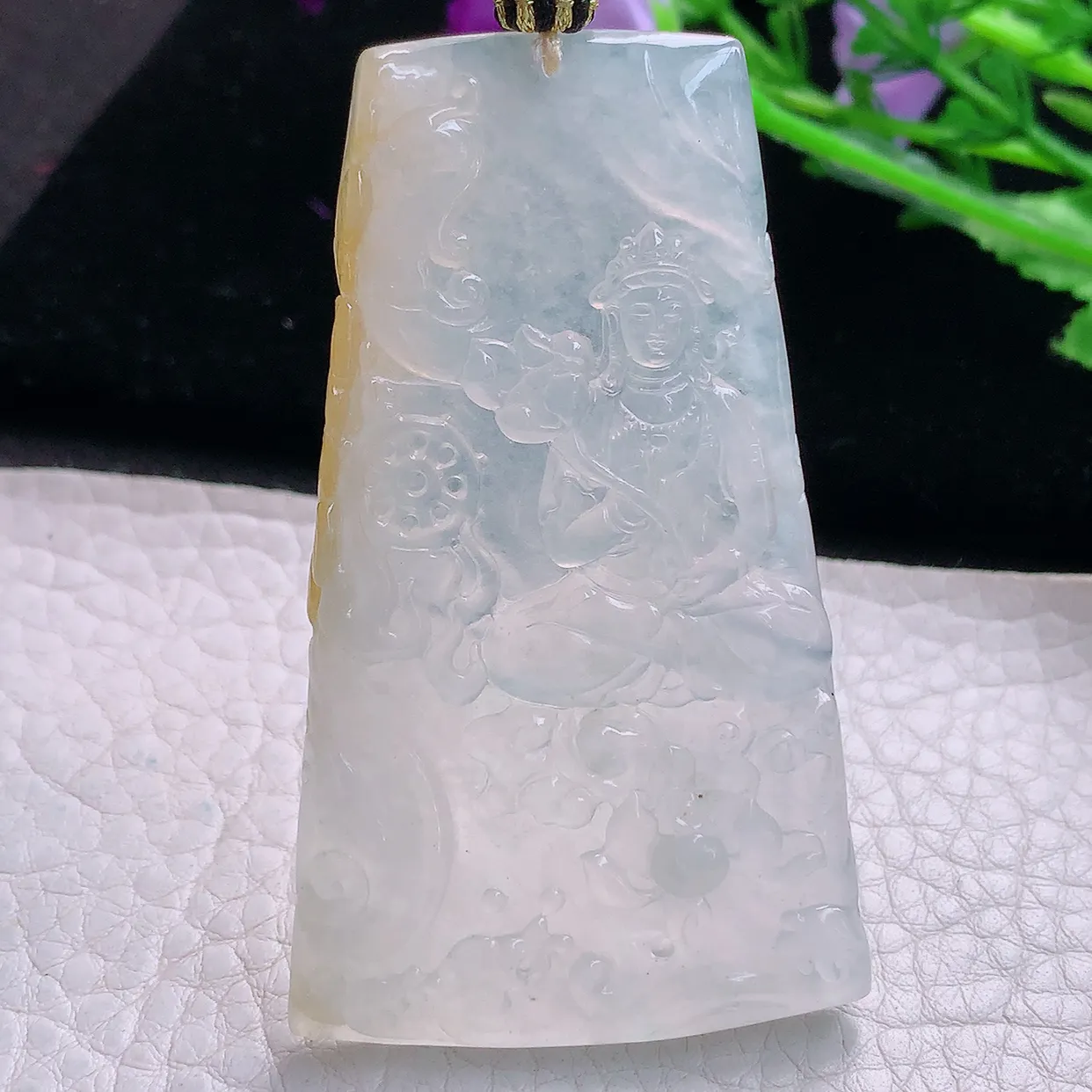 yl实拍64.2*38*5.4缅甸翡翠精雕冰双彩持莲花玉观音 赐福观音玉项坠 玉挂件