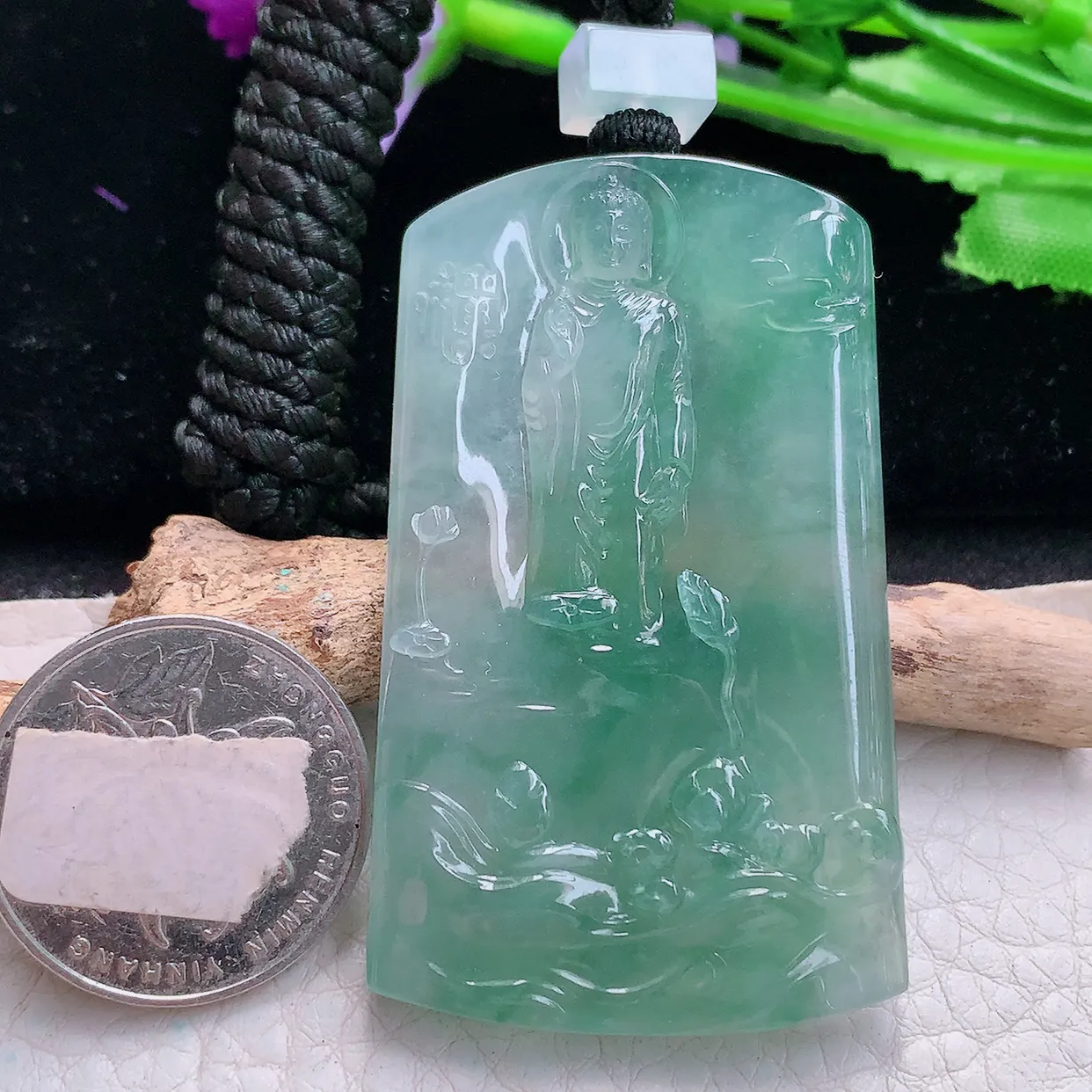 yl实拍56.5*34.2*5.3缅甸翡翠精雕冰晴山水佛祖 大日如来佛祖玉项坠 玉挂件