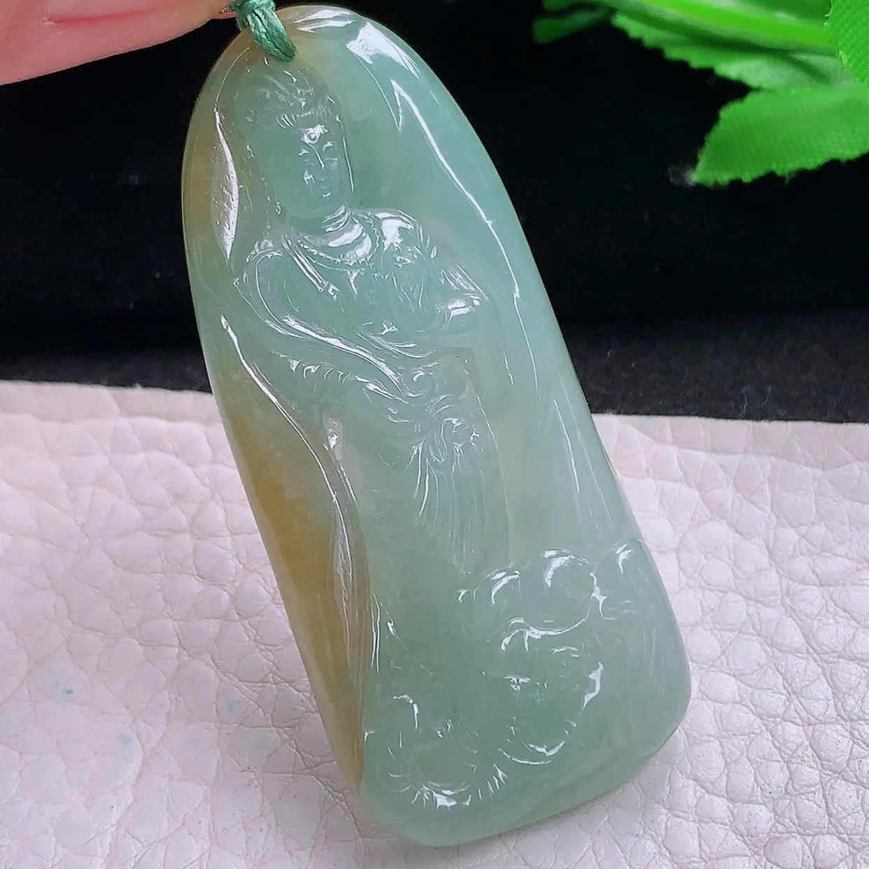 yn实拍57.8*26*5.8缅甸翡翠精雕冰双彩立体普贤菩萨 生肖守护神玉项坠 玉挂件