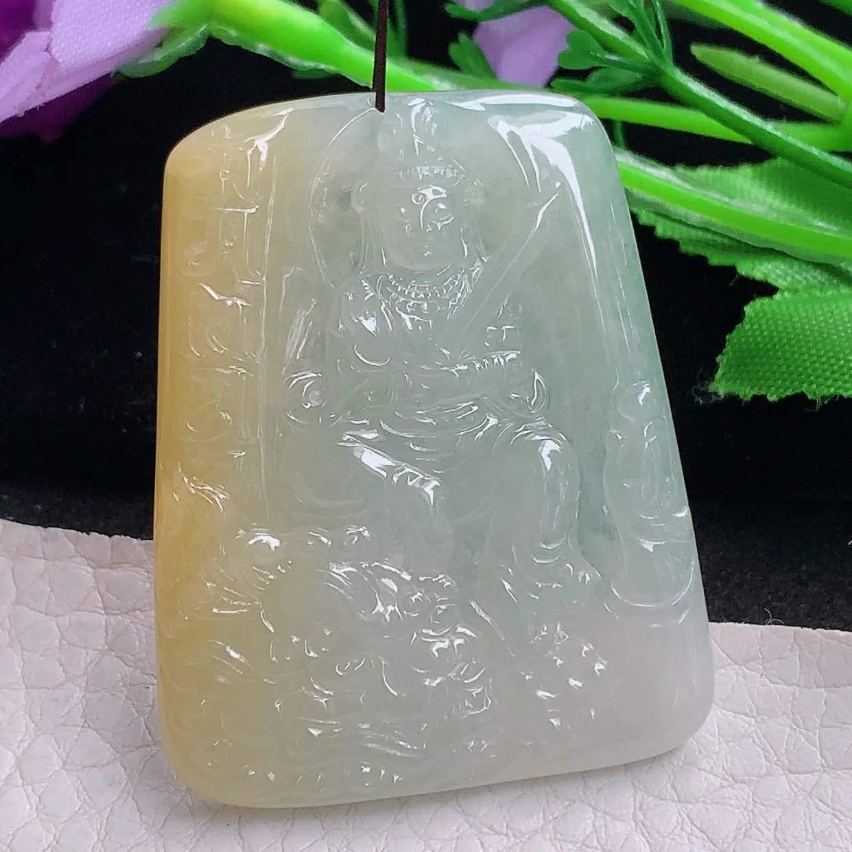 yn实拍46.5*37*4.2缅甸翡翠精雕冰双彩文殊菩萨 生肖守护神玉项坠 玉挂件