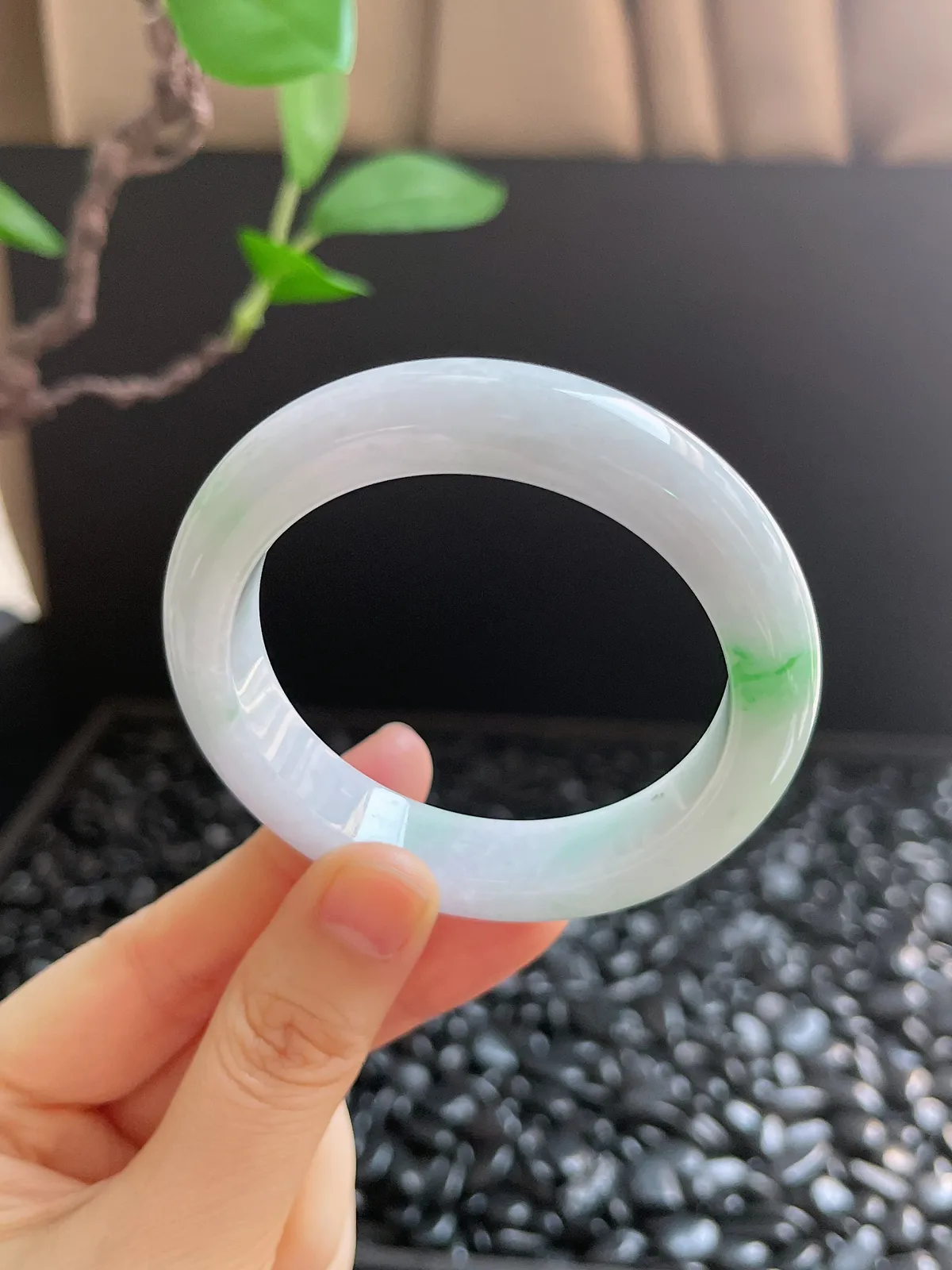 正圈51.7圈口，翡翠糯化种飘绿手镯