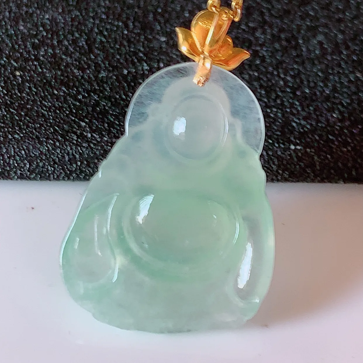 18K金镶嵌冰种翡翠逍遥布袋佛吊坠，代代有钱，水足丰盈，盈满欢喜，配戴送礼佳品！#1.2整体33裸石27.5-20.8-5.8