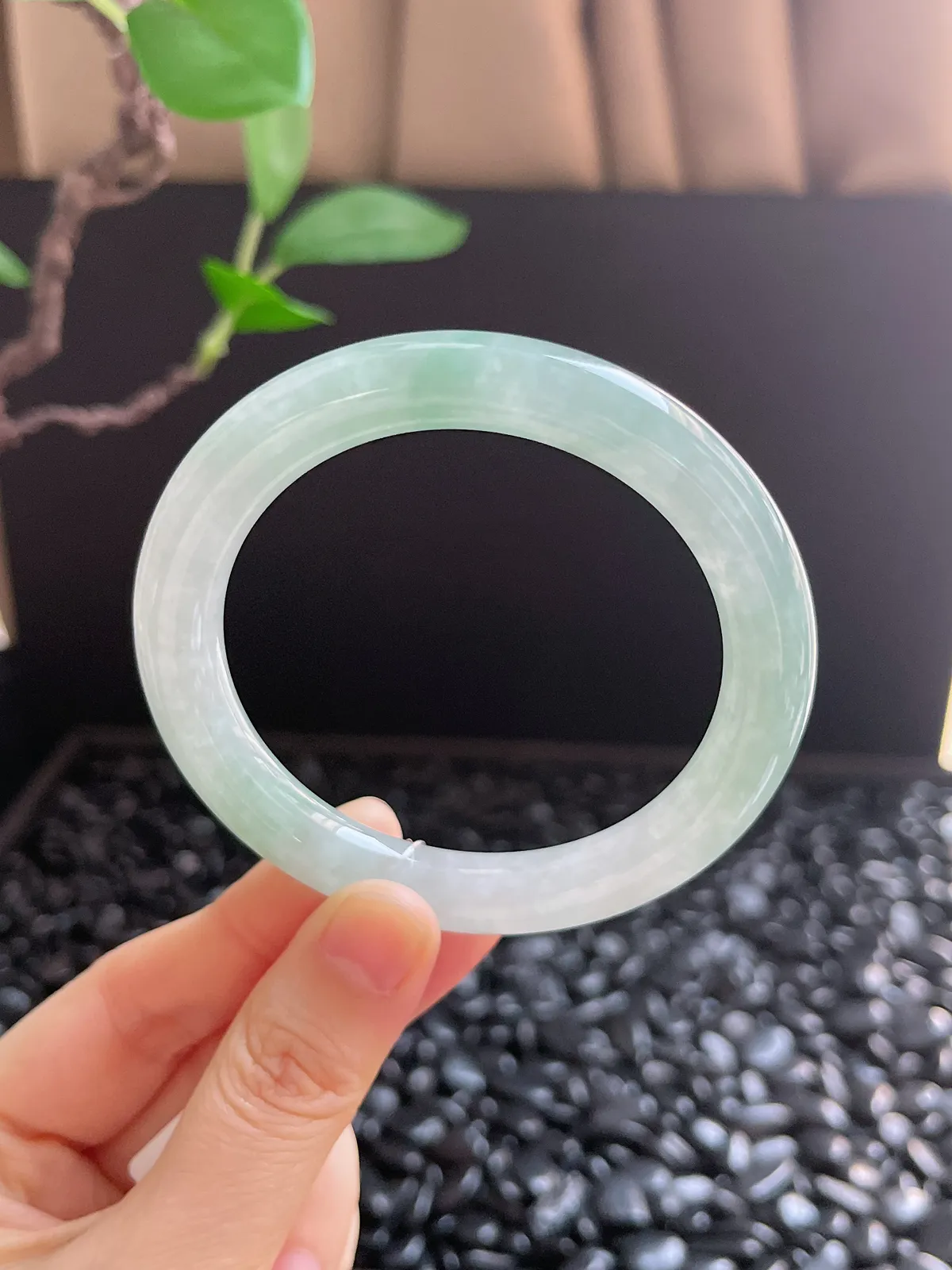 圆镯55.3圈口，翡翠冰糯种绿色手镯