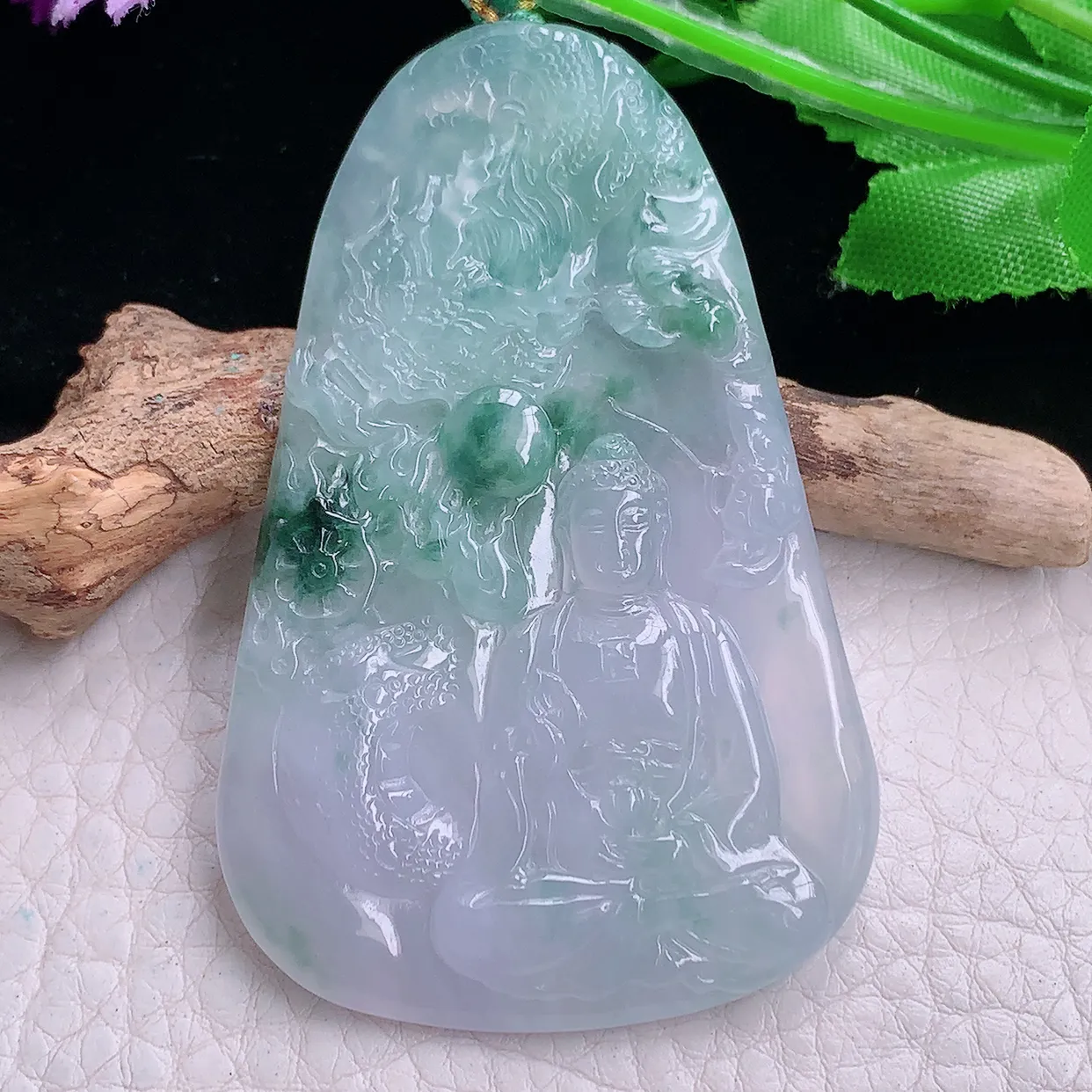 yn实拍66.6*42.5*5.5缅甸翡翠精雕御龙观音 玉观音玉项坠 玉挂件