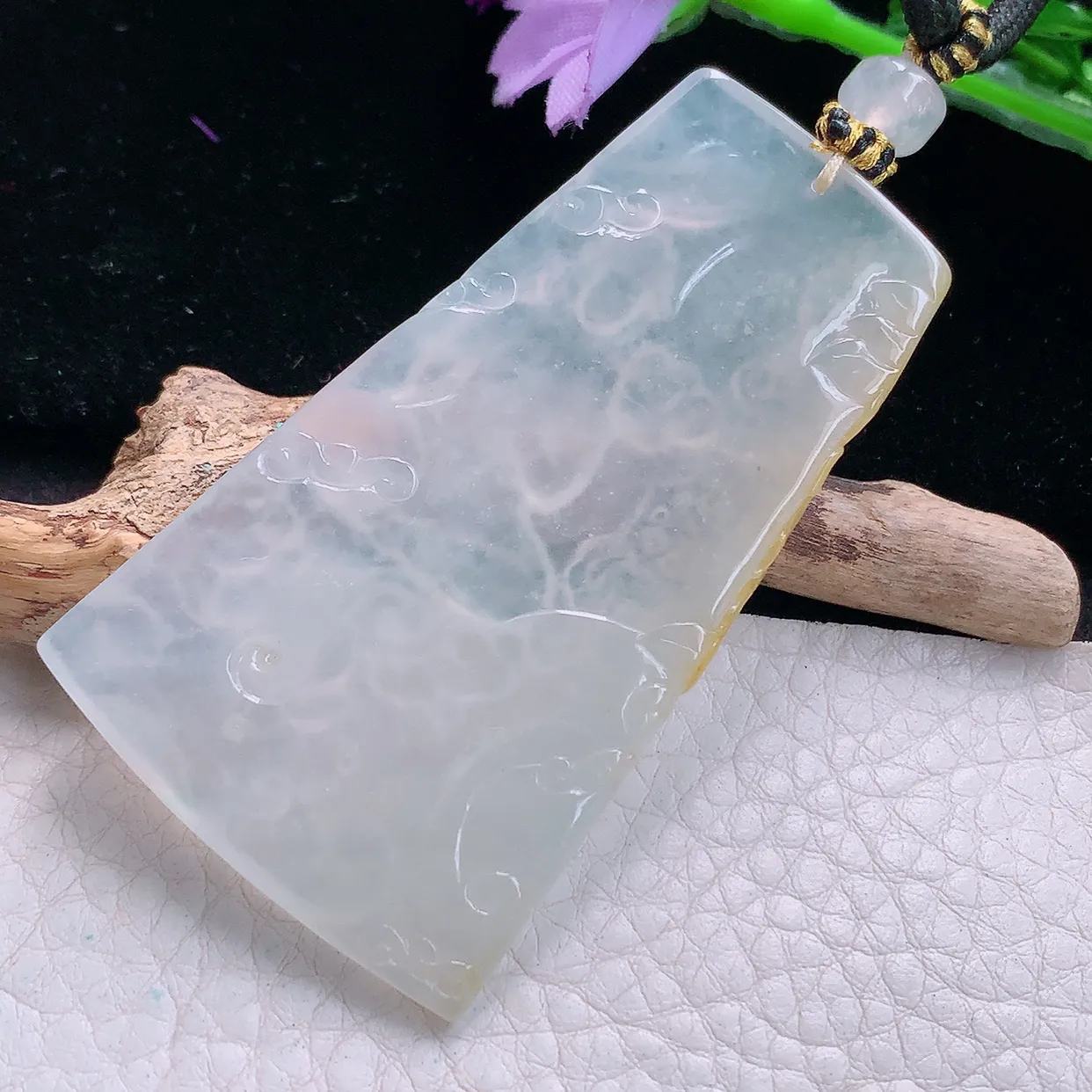 yl实拍64.2*38*5.4缅甸翡翠精雕冰双彩持莲花玉观音 赐福观音玉项坠 玉挂件