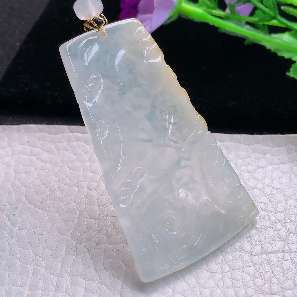 yl实拍64.2*38*5.4缅甸翡翠精雕冰双彩持莲花玉观音 赐福观音玉项坠 玉挂件