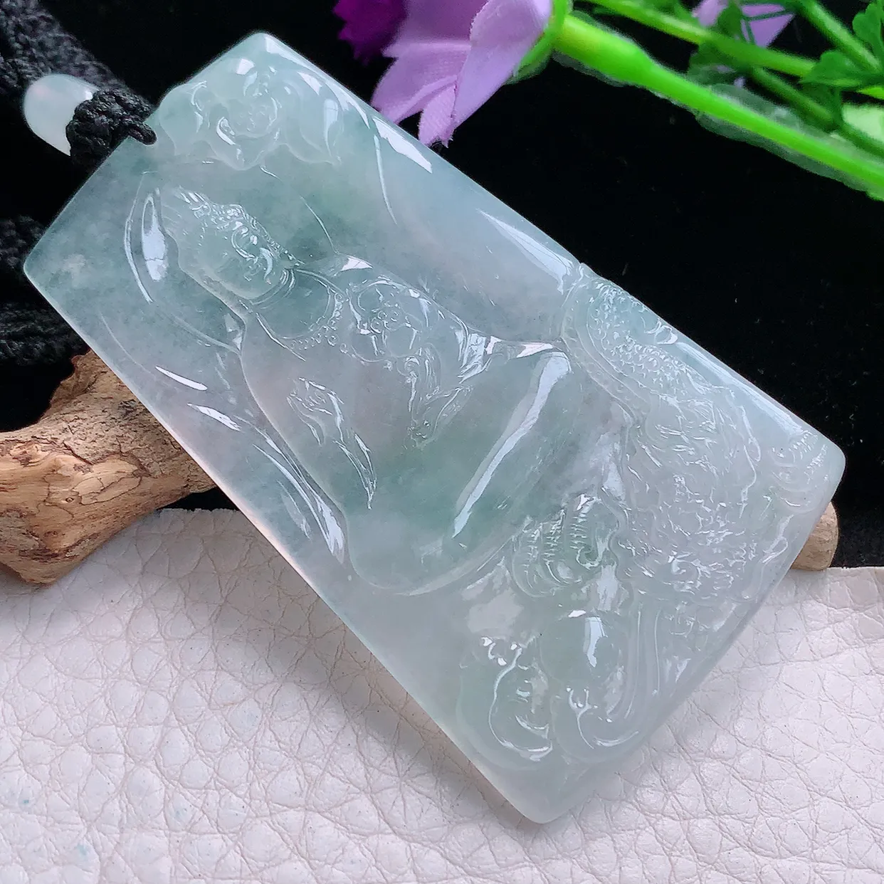 yl实拍67.8*41.9*5缅甸翡翠精雕冰润御龙观音 玉观音玉项坠 玉挂件