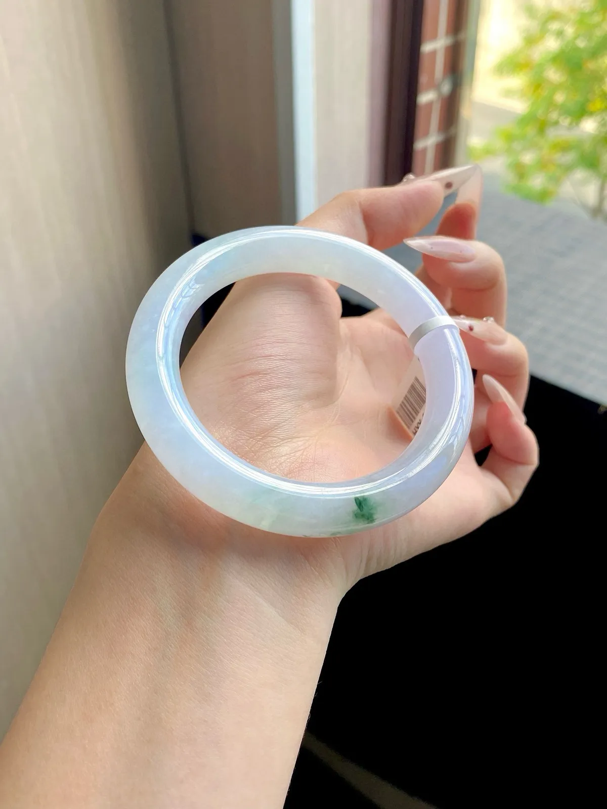 圆镯57圈口，翡翠冰糯种绿飘花手镯