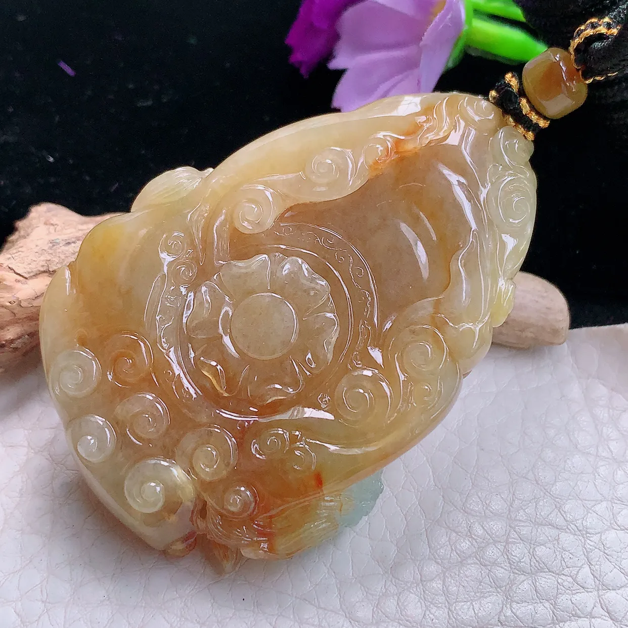 yl实拍64.8*42.5*16缅甸翡翠精雕冰双彩文殊菩萨 生肖守护神玉项坠 玉挂件