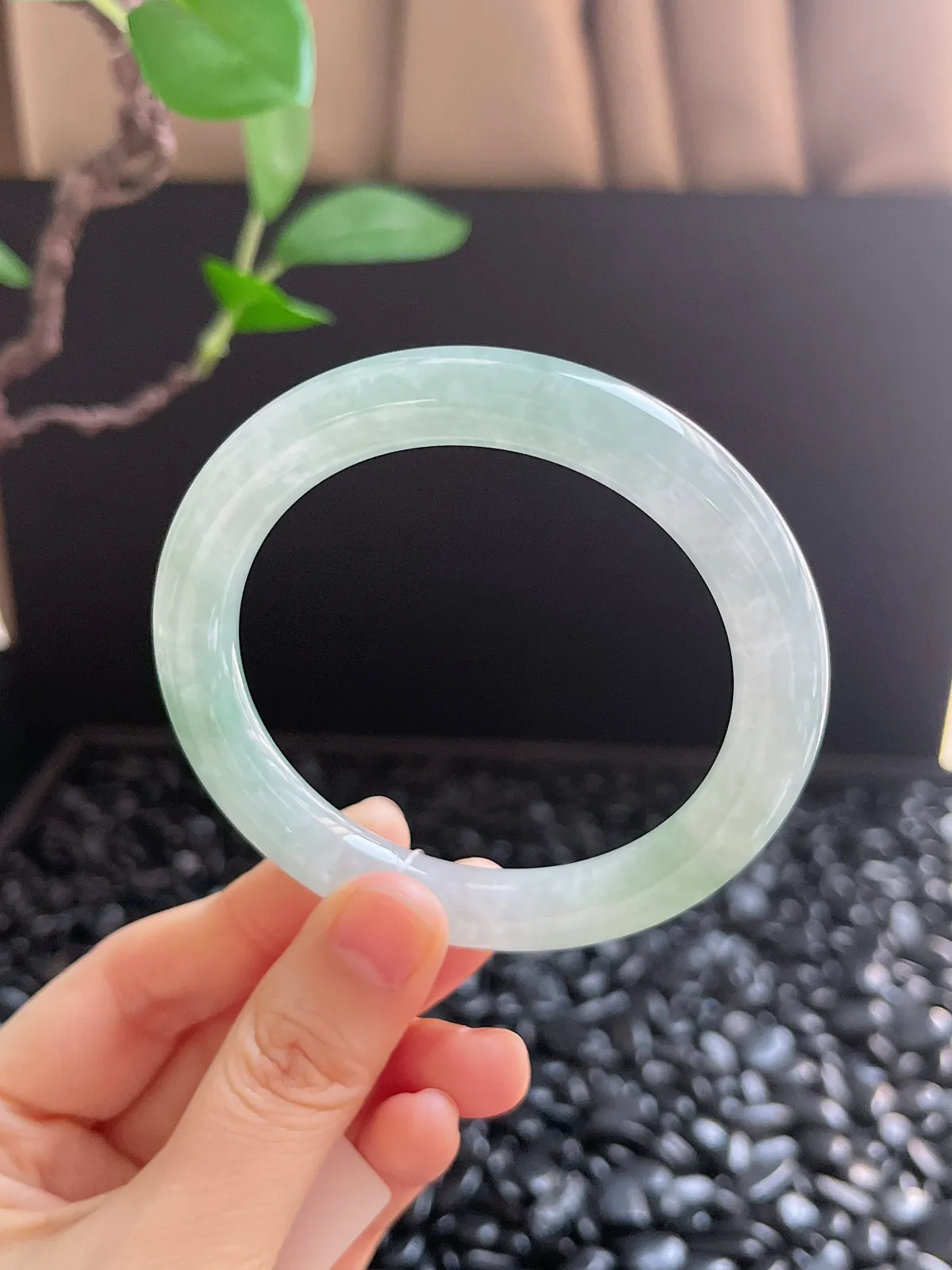 圆镯55.3圈口，翡翠冰糯种绿色手镯