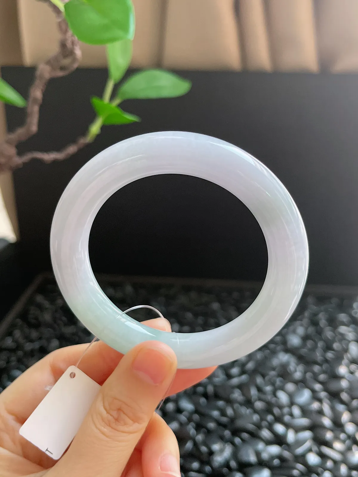 圆镯53圈口，翡翠糯化种淡绿色手镯