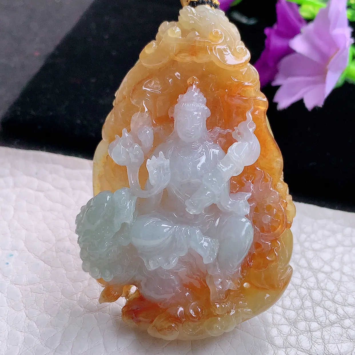 yl实拍64.8*42.5*16缅甸翡翠精雕冰双彩文殊菩萨 生肖守护神玉项坠 玉挂件