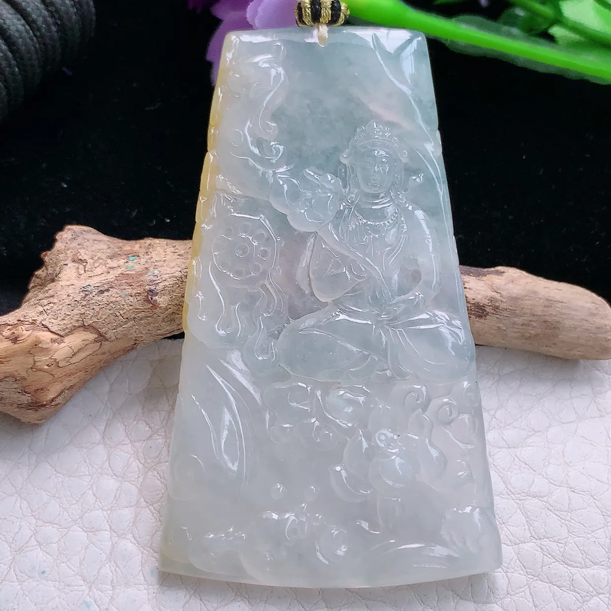 yl实拍64.2*38*5.4缅甸翡翠精雕冰双彩持莲花玉观音 赐福观音玉项坠 玉挂件