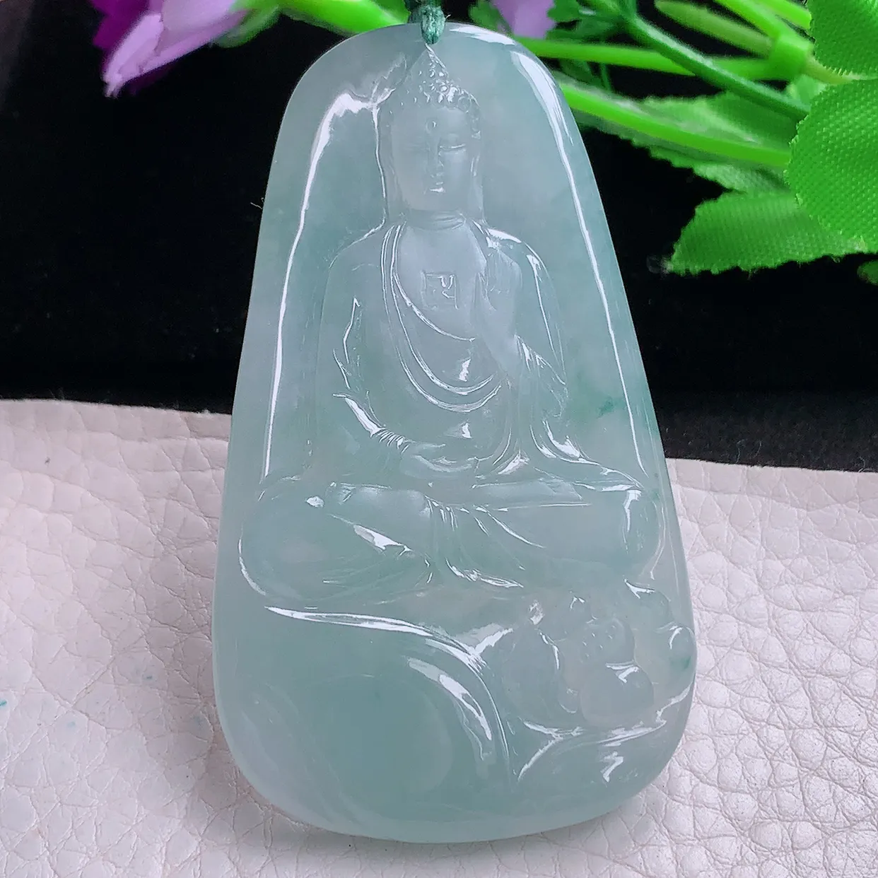 yn实拍65.8*38.3*5.6缅甸翡翠精雕晴水蓝韵大日如来玉项坠 玉挂件