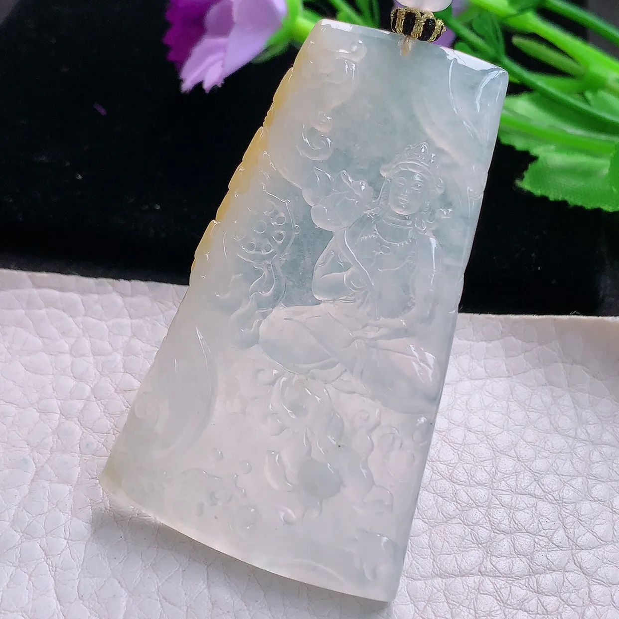 yl实拍64.2*38*5.4缅甸翡翠精雕冰双彩持莲花玉观音 赐福观音玉项坠 玉挂件