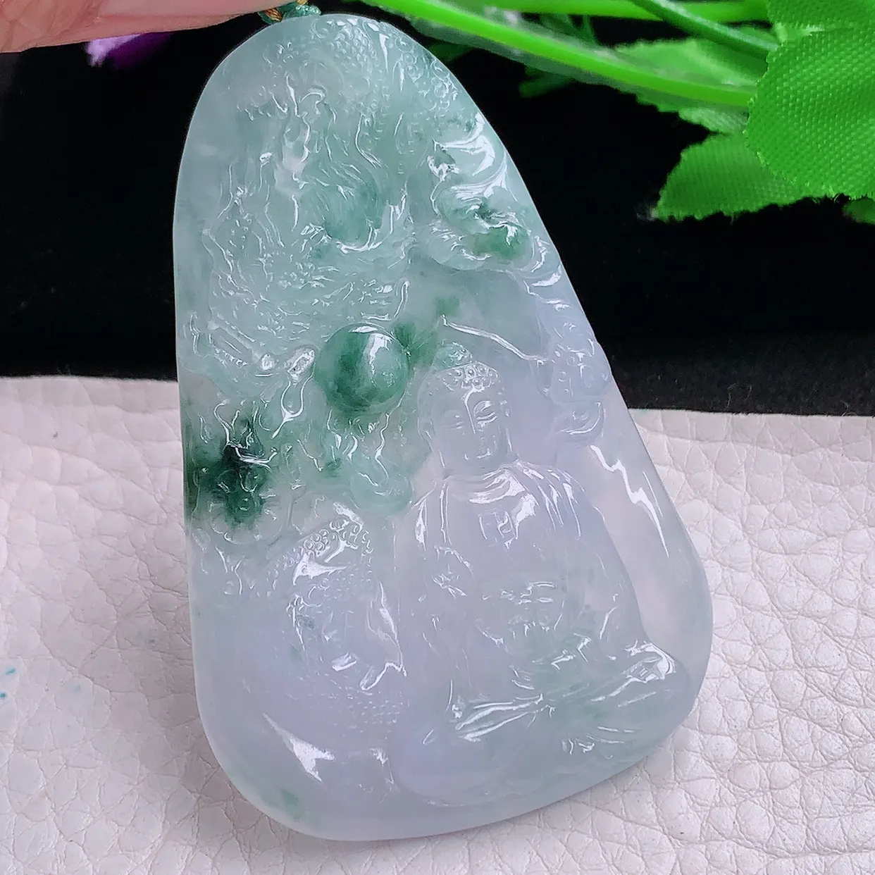 yn实拍66.6*42.5*5.5缅甸翡翠精雕御龙观音 玉观音玉项坠 玉挂件