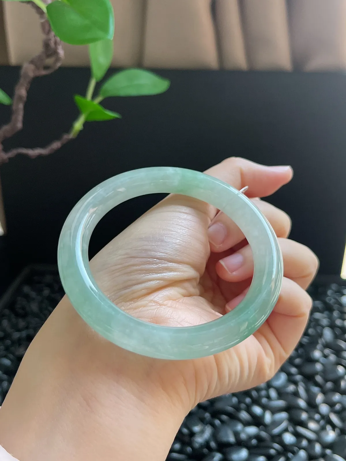 圆镯55.3圈口，翡翠冰糯种绿色手镯