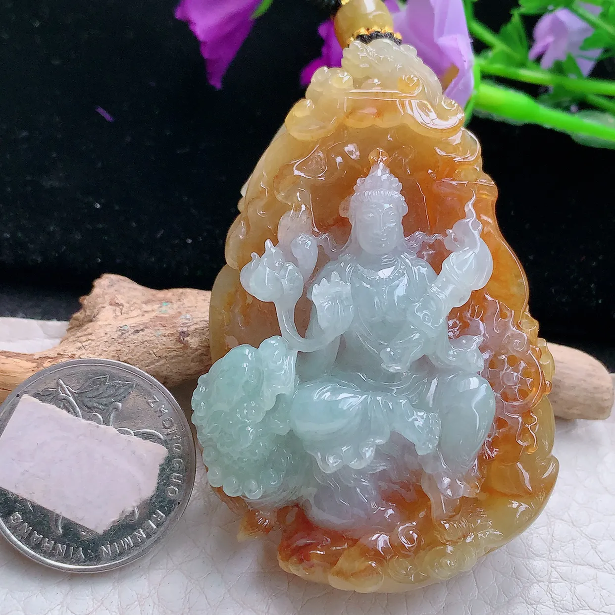 yl实拍64.8*42.5*16缅甸翡翠精雕冰双彩文殊菩萨 生肖守护神玉项坠 玉挂件