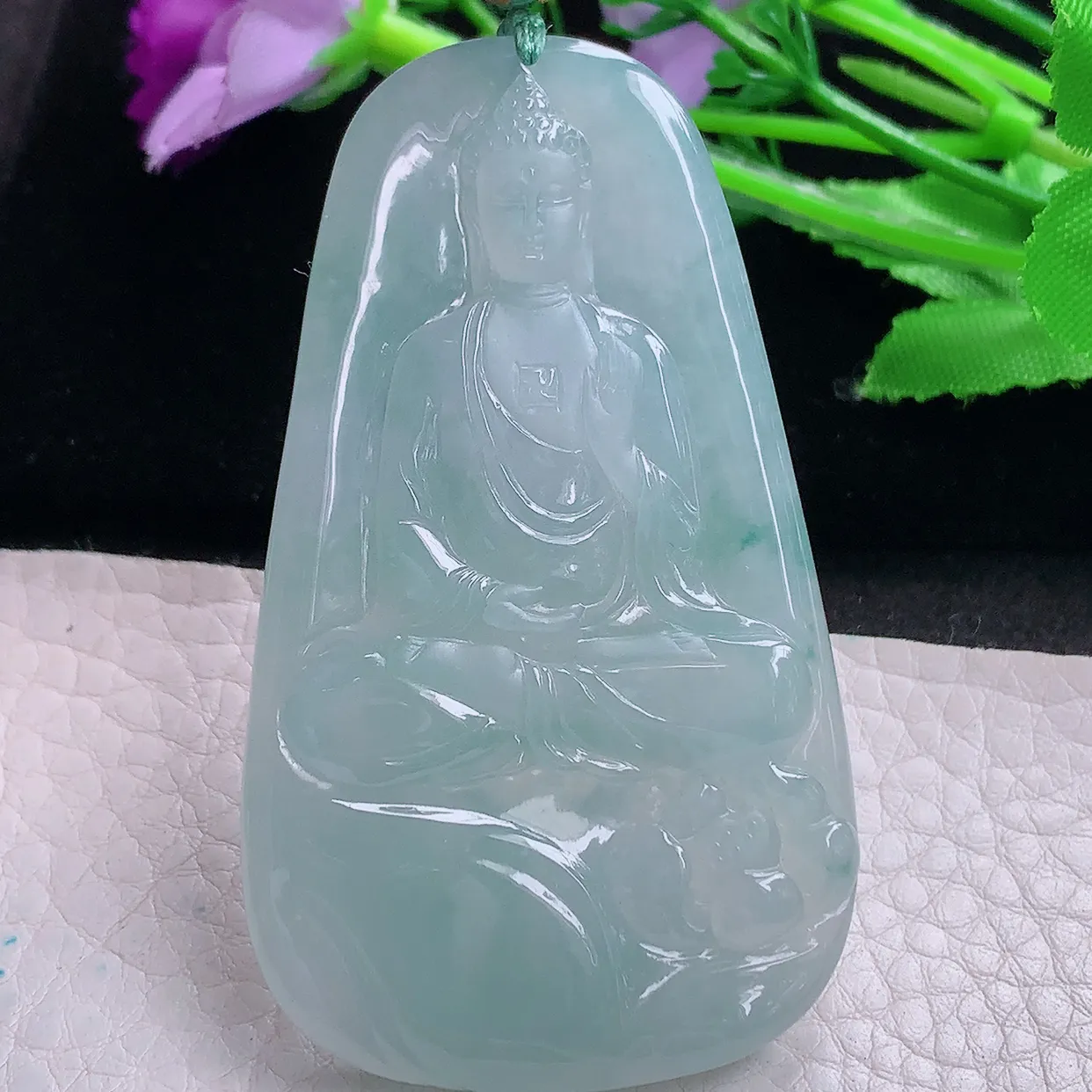 yn实拍65.8*38.3*5.6缅甸翡翠精雕晴水蓝韵大日如来玉项坠 玉挂件