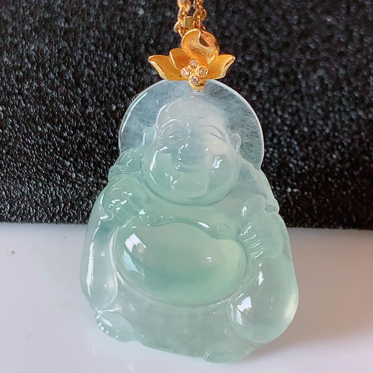18K金镶嵌冰种翡翠逍遥布袋佛吊坠，代代有钱，水足丰盈，盈满欢喜，配戴送礼佳品！#1.2整体33裸石27.5-20.8-5.8