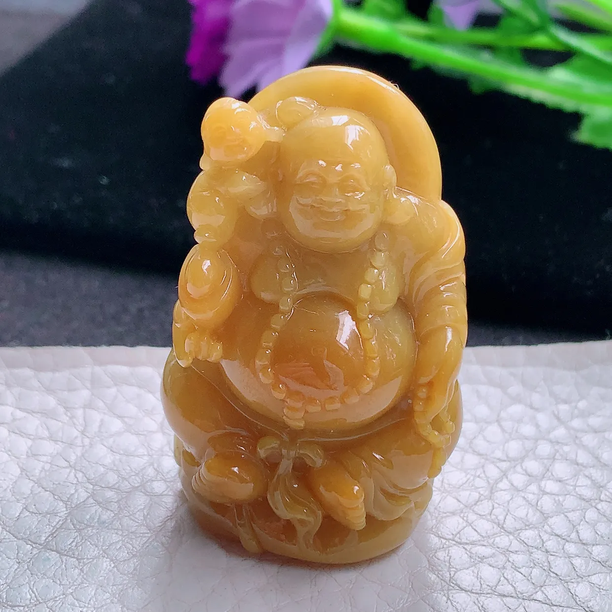 lz实拍45.2*30.3*23.3缅甸翡翠精雕黄翡立体尼革佛 福上加福玉项坠 玉挂件