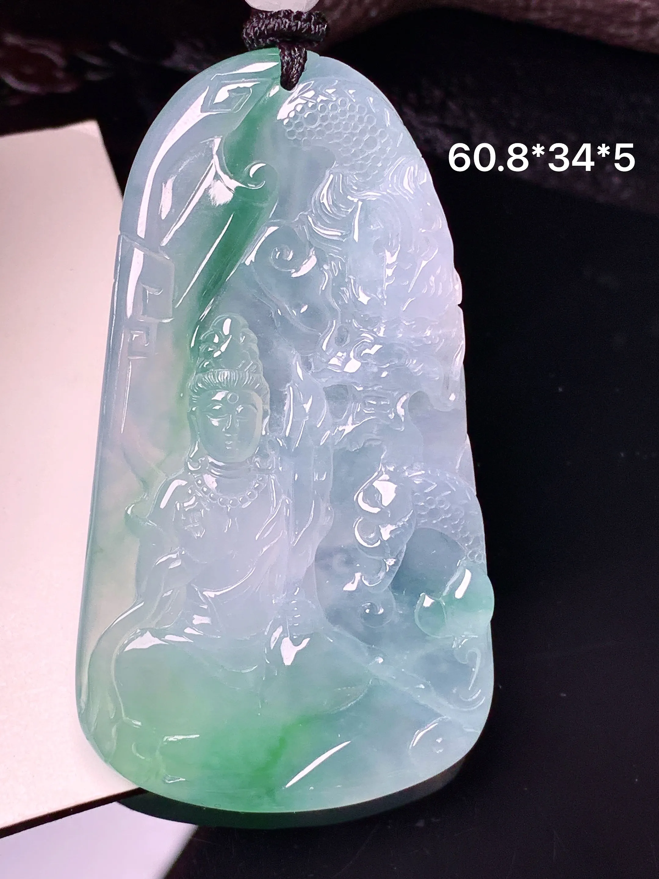 冰种飘绿乘龙观音吊坠 玉质细腻 色泽清新艳丽 整体尺寸60.8*34*5