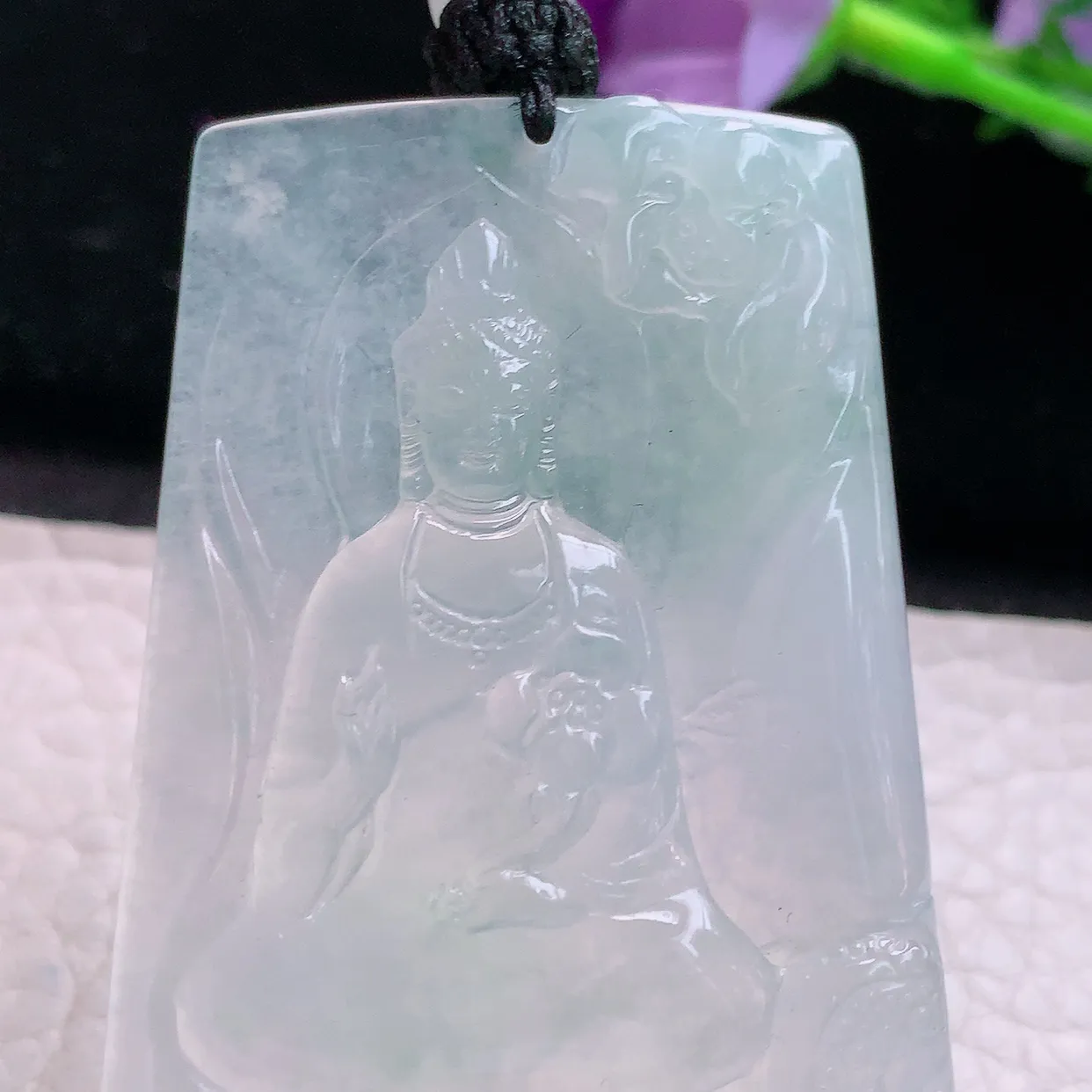 yl实拍67.8*41.9*5缅甸翡翠精雕冰润御龙观音 玉观音玉项坠 玉挂件