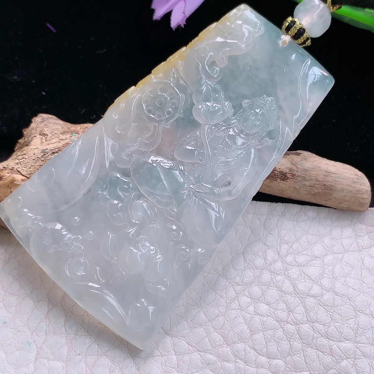 yl实拍64.2*38*5.4缅甸翡翠精雕冰双彩持莲花玉观音 赐福观音玉项坠 玉挂件