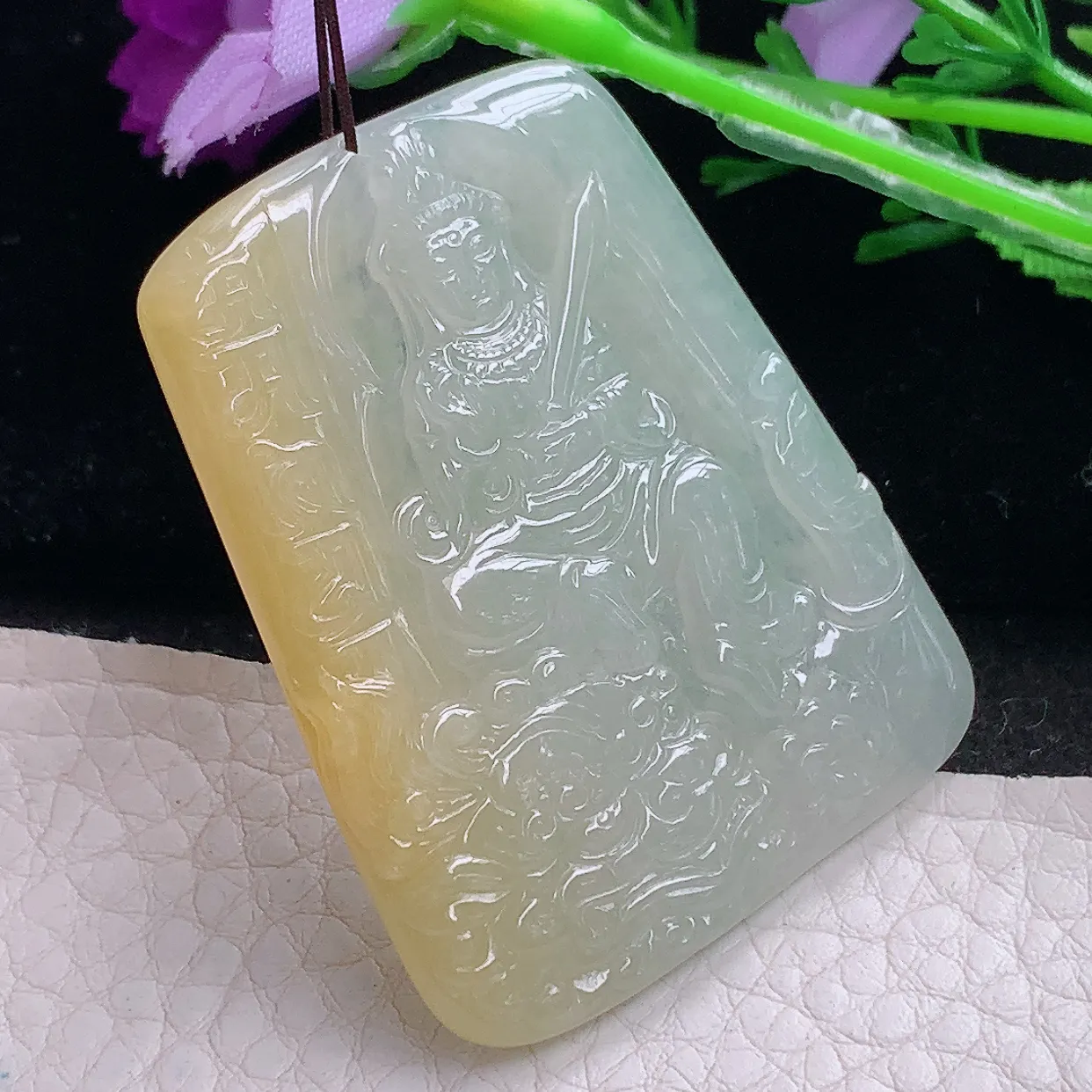 yn实拍46.5*37*4.2缅甸翡翠精雕冰双彩文殊菩萨 生肖守护神玉项坠 玉挂件