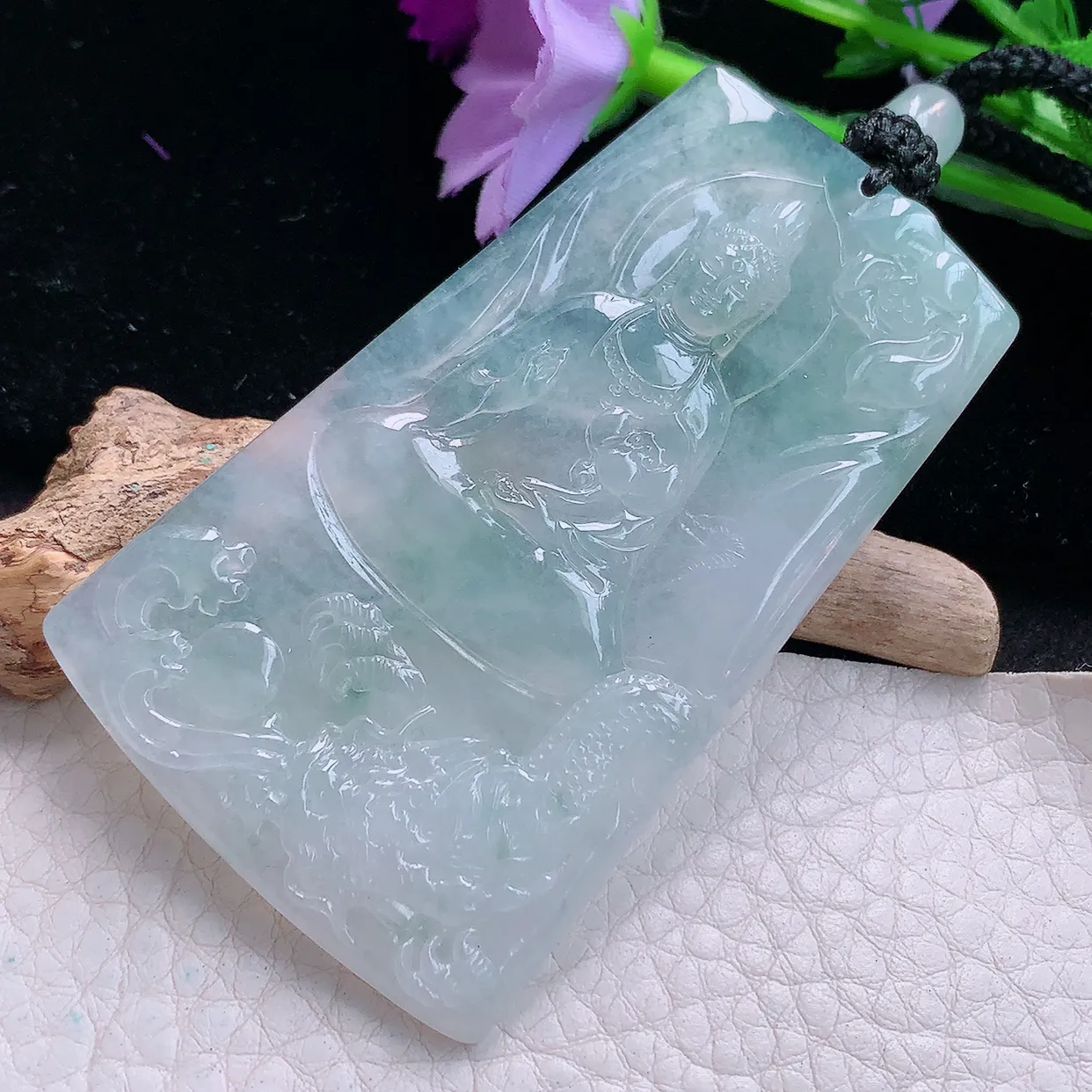 yl实拍67.8*41.9*5缅甸翡翠精雕冰润御龙观音 玉观音玉项坠 玉挂件