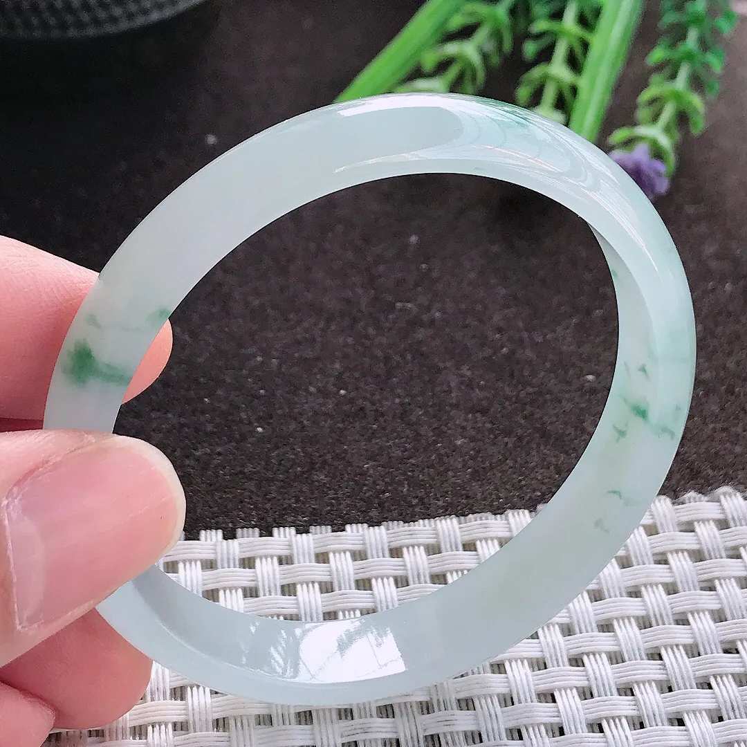 实拍A货翡翠53.5/49.5/11/5.5老坑冰胶飘花贵妃手镯宽边玉镯手环