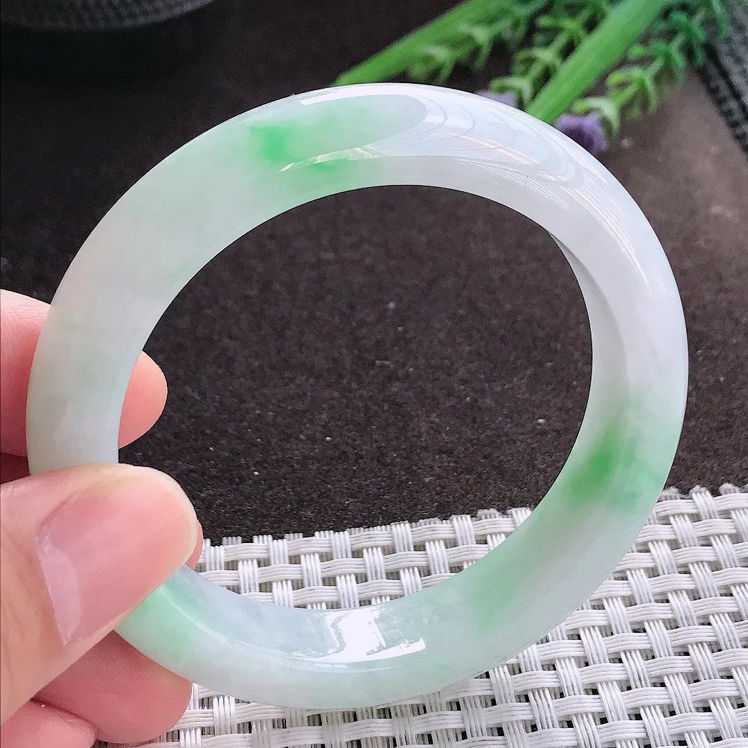 实拍A货翡翠55.5/12.7/8.8老坑冰润起胶飘阳绿手镯宽边玉镯手环