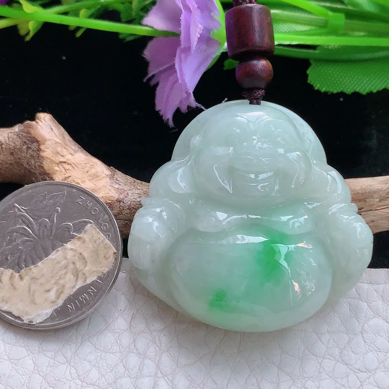 zen实拍38.2*40*12缅甸翡翠飘绿佛公 弥勒佛玉挂件 毛衣坠