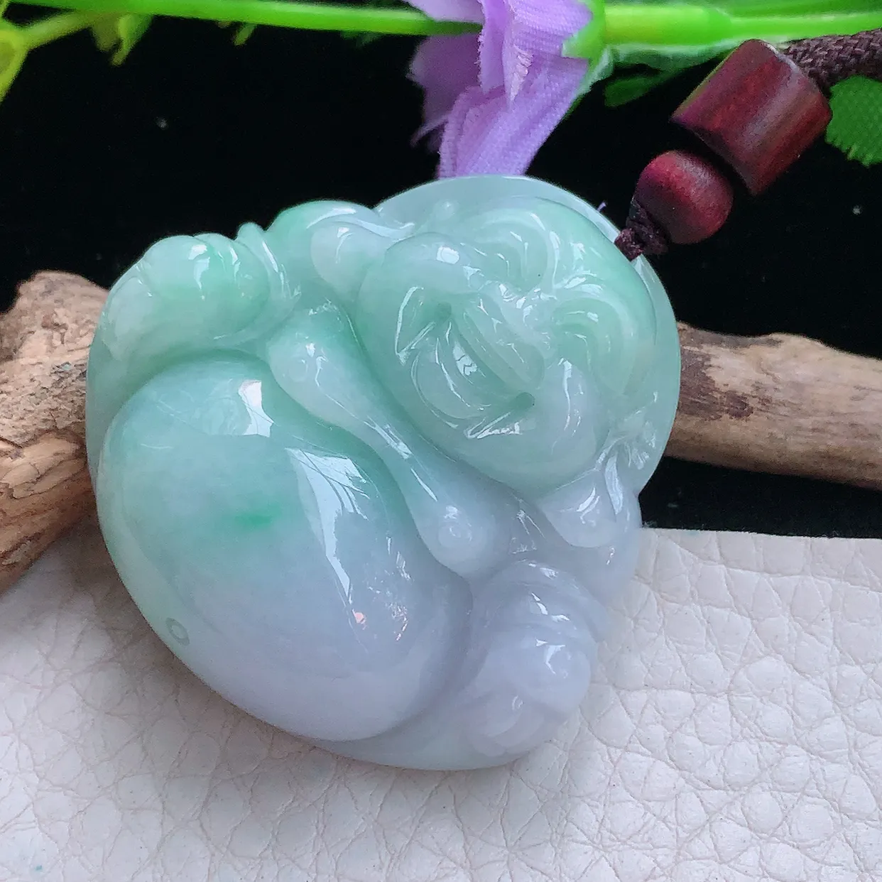 zen实拍41*41*13缅甸翡翠春带彩饱满大佛公 弥勒佛玉挂件 毛衣坠