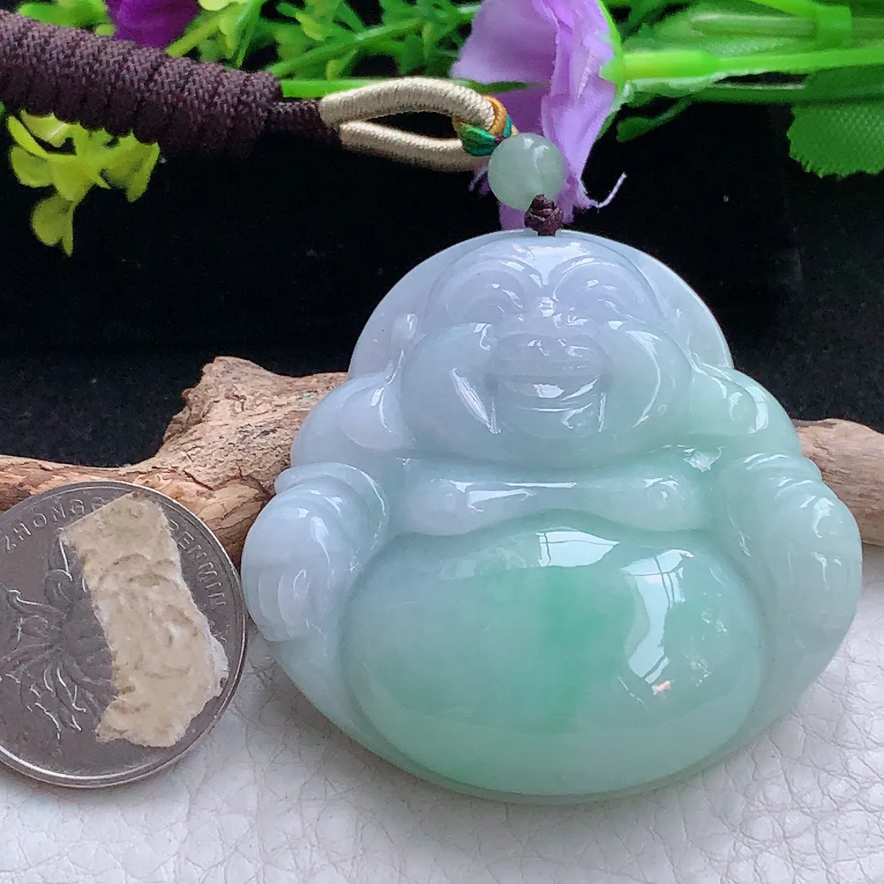 zen实拍48.2*50.2*12.2缅甸翡翠春带彩大佛公 弥勒佛玉挂件 毛衣坠