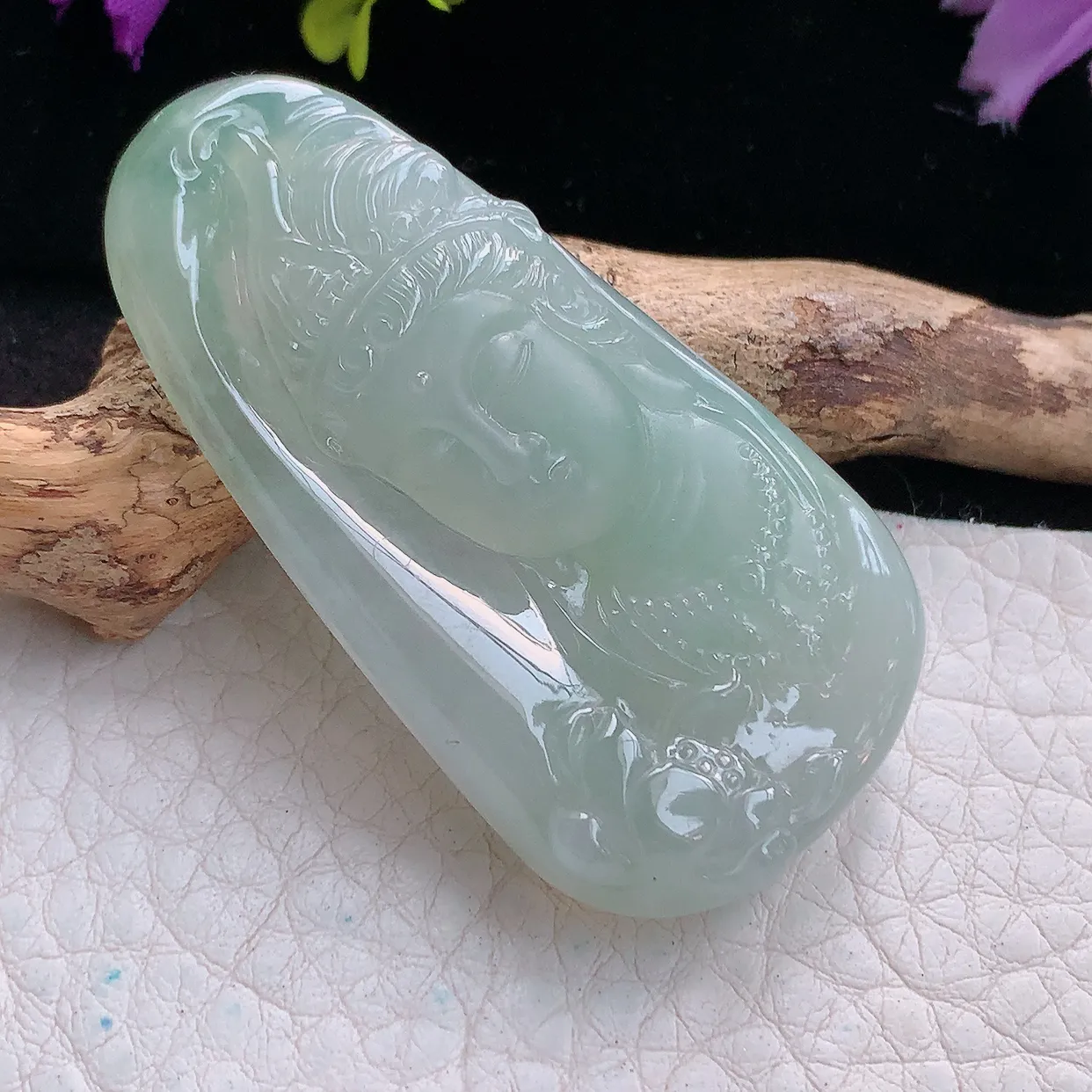 lz实拍51.6*27*8缅甸翡翠精雕冰晴观音首 赐福观音玉项坠 玉挂件